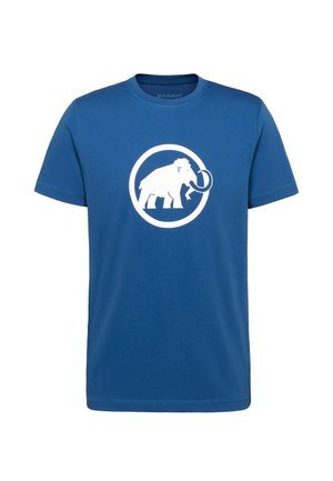 Blauw T-shirt met korte mouwen en een ronde hals, met een wit wolharige mammoetlogo in een cirkel aan de voorkant in het midden.