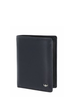 Portefeuille noir en cuir à deux volets avec coutures visibles et petit emblème argenté en bas à droite sur fond blanc.