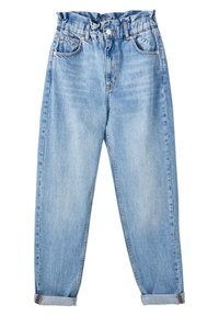 Jean en denim bleu clair taille haute avec ceinture élastique plissée, deux poches avant et ourlets retroussés. Texture lisse, design classique à cinq poches.