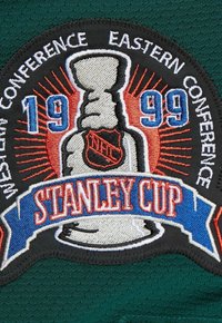 Embroidered patch with Stanley Cup trophy, NHL logo, "1999," and "Western Conference Eastern Conference" text on dark green fabric.