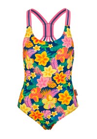 Maillot de bain une pièce floral avec un fond bleu marine et des fleurs roses, jaunes et oranges. Comprend des bretelles doubles avec un design croisé.