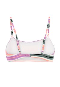 Bh med en gennemsigtig hvid base og flerfarvede stribede stropper i pink, lilla, grøn og sort. Justerbart hardware medfølger.