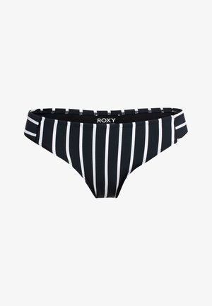 Čierne bikiny s vertikálnymi bielymi pruhmi a logom ROXY na elastickom páse, izolované na bielom pozadí.