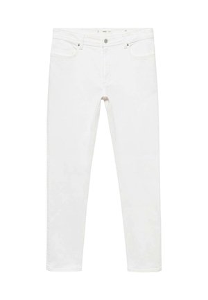 Jeans din denim alb cu cinci buzunare, fermoar și închidere cu buton metalic. Au o croială slim și un finisaj neted, texturat.