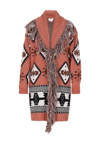 Lange roest-oranje cardigan met een franjerand, voorzien van zwart-witte geometrische patronen. Gebreide textuur, open voorkant en lange mouwen.