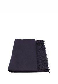 Sciarpa frangiata blu navy scuro realizzata in tessuto morbido, con una superficie liscia e forma rettangolare con estremità frangiate.