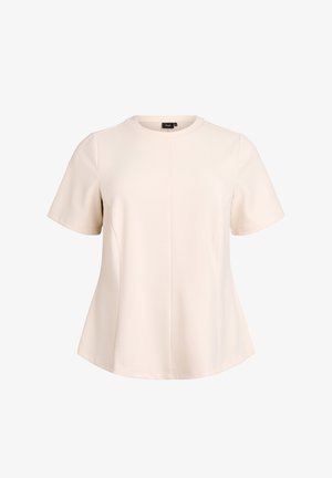 Kurzärmliges Oberteil aus weichem beigen Stoff, mit Rundhalsausschnitt und lässiger Passform, ergänzt durch seitliche Nahtdetails für zusätzliche Struktur.
