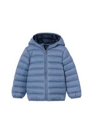 Blue padded hooded jacket for children with front zipper and elastic cuffs, designed for cold weather.