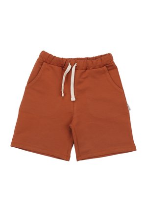 Rust-colored casual shorts with elastic waistband, white drawstring, and side pockets, isolated on white background.