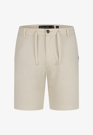 Beige shorts laget av teksturert stoff, med justerbar snor i livet og frontlommer. Enkelt design, ingen bemerkelsesverdige mønstre.