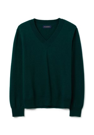 Maglione verde a maglia con scollo a V, maniche lunghe, polsini e orlo a coste. Realizzato in tessuto morbido, presenta un design semplice e classico.