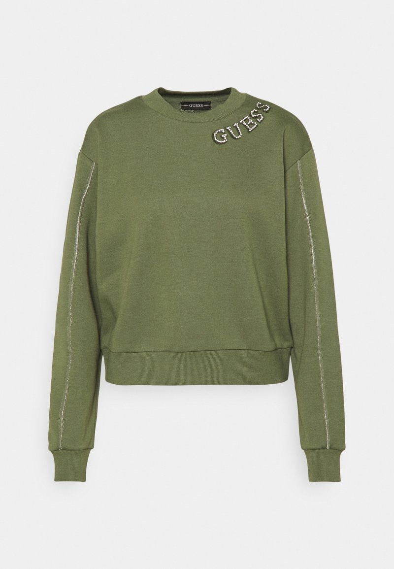 Green sweatshirt with a crew neck, long sleeves, and embroidered "GUESS" logo in rhinestones on the shoulder. Features silver stitching accents.