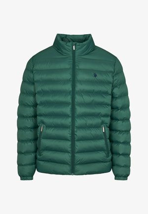 Grüne Steppjacke mit hohem Kragen, horizontalem Steppmuster, Reißverschluss und Seitentaschen. Glatte Textur und leichtes Material.