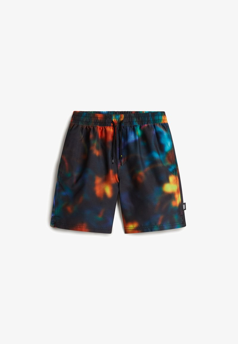 Shorts de bain avec un motif tie-dye multicolore noir, orange, bleu et vert. Taille élastique avec cordon de serrage ajustable.