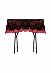 Garter belt in pizzo nero e rosso con motivi floreali, bordi scallopati e spalline in satin regolabili con fibbie.