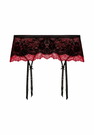 Schwarzer und roter Spitzenstrumpfhalter mit Blumenmustern, gewellten Kanten und verstellbaren Satinriemen mit Schnallen.