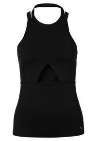 Musta urheilutankkitoppi, jossa on leikkausdetaili rinnan alla, racerback-hihnat ja logokoriste alhaalla oikealla. Valmistettu joustavasta kankaasta.