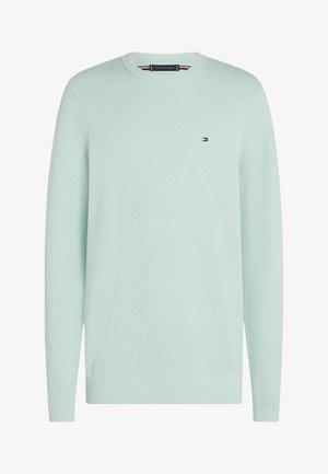 Maglione a maglia verde chiaro con scollo a coste, maniche lunghe e un piccolo logo sul petto. Tessuto strutturato.