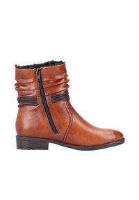Braune Leder-Ankelstiefel mit einem lässigen Design, schwarzen Reißverschlussakzenten, runder Zehenpartie und strukturierter Oberfläche, ausgestattet mit einem niedrigen Absatz.