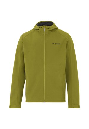 Veste softshell vert olive avec fermeture éclair frontale, capuche ajustable et logo Vaude sur la poitrine, conçue pour une utilisation en extérieur.
