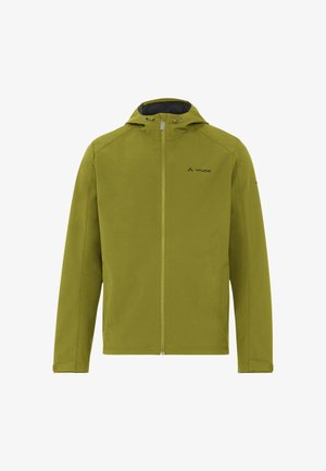Veste softshell vert olive avec fermeture éclair frontale, capuche ajustable et logo Vaude sur la poitrine, conçue pour une utilisation en extérieur.