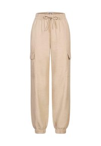 Pantaloni cargo color lino beige con vita elastica, coulisse e due tasche laterali. Polsini affusolati alle caviglie. Tessuto liscio.