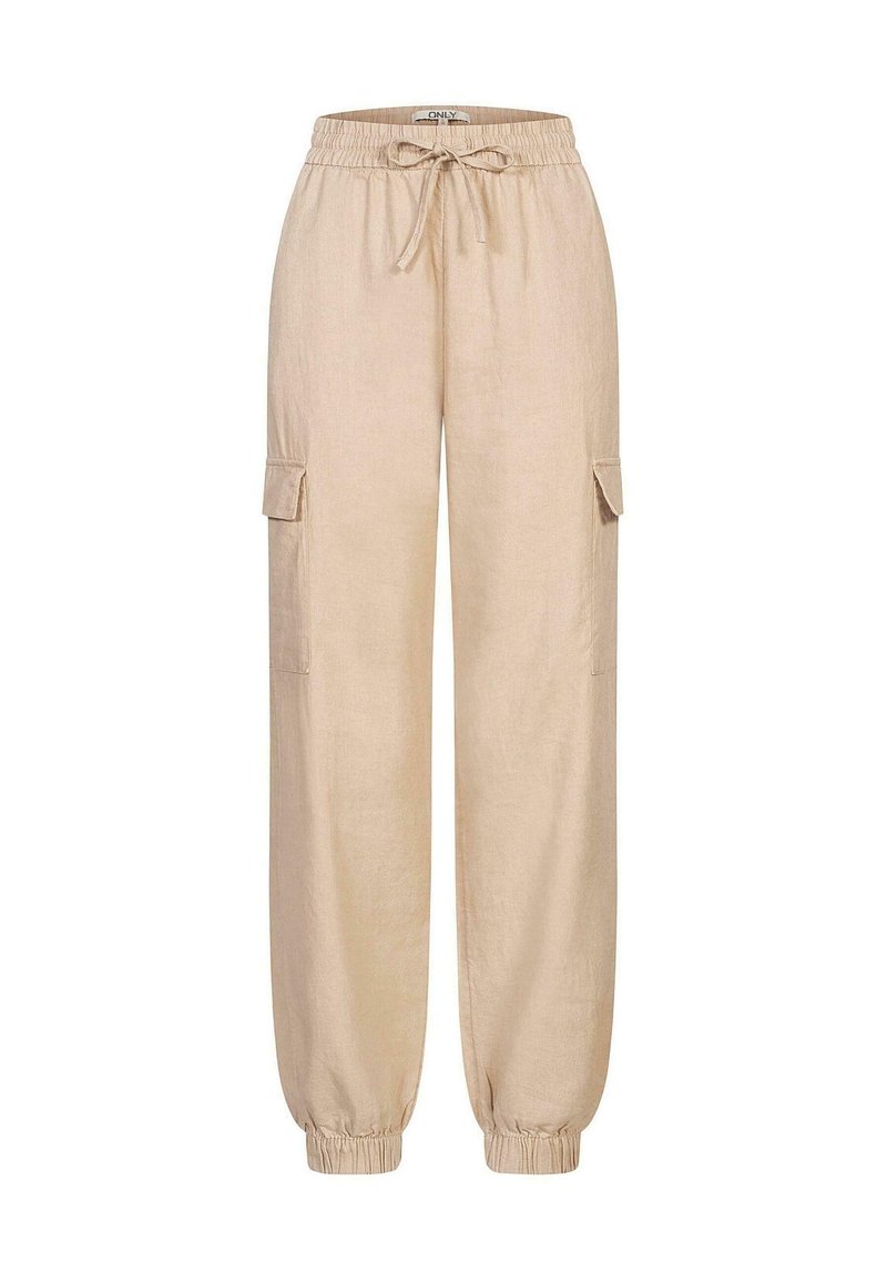 Pantaloni cargo color lino beige con vita elastica, coulisse e due tasche laterali. Polsini affusolati alle caviglie. Tessuto liscio.