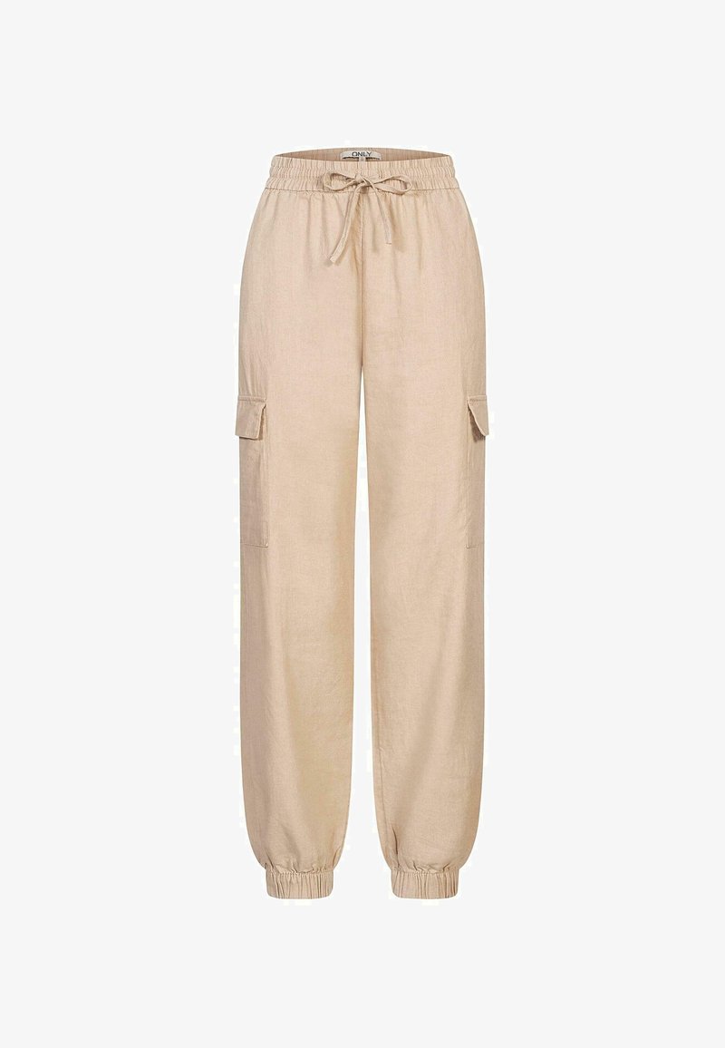 Pantaloni cargo color lino beige con vita elastica, coulisse e due tasche laterali. Polsini affusolati alle caviglie. Tessuto liscio.