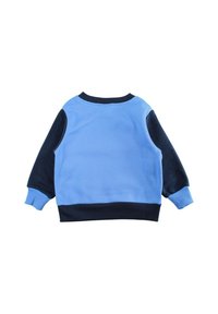 Sweat-shirt bleu avec manches bleu marine. Doté d'un col et de poignets côtelés. Confectionné dans un tissu doux et texturé, avec un corps principal lisse.