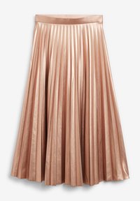 Plissé midi-rok van roségoud satin, met een brede tailleband en uniforme verticale plooien voor een vloeiend ontwerp.