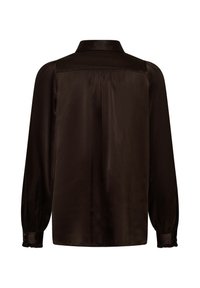 Blouse noire à manches longues avec col, empiècement arrière froncé et poignets boutonnés, vue de dos sur fond blanc.