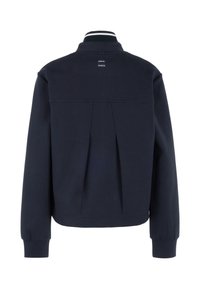 Navy blue sweatshirt with a high collar, pleated back, and ribbed accents at the collar and cuffs. Material appears soft and textured.