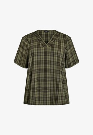 Mørkegrøn bluse med V-hals og korte ærmer, prydet med et ternet mønster i nuancer af sort og oliven. Fremstillet af letvægtsstof, afslappet pasform.