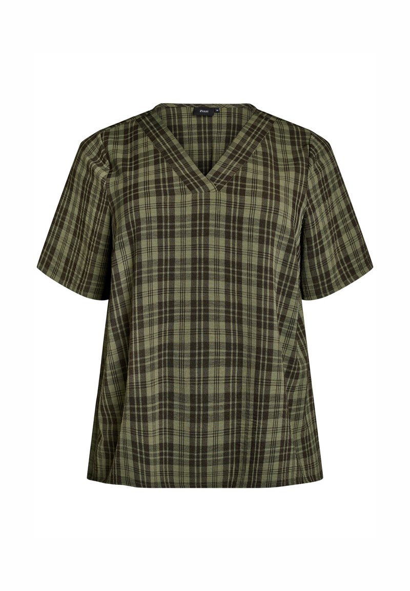 Donkergroene blouse met V-hals en korte mouwen, bedrukt met een ruitpatroon in zwart en olijf. Gemaakt van lichte stof, met een relaxed fit.