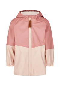Zweifarbige pinkfarbene wasserdichte Kinderjacke mit Kapuze, durchgehendem Reißverschluss, elastischen Bündchen und Lederreißverschlussanhänger.