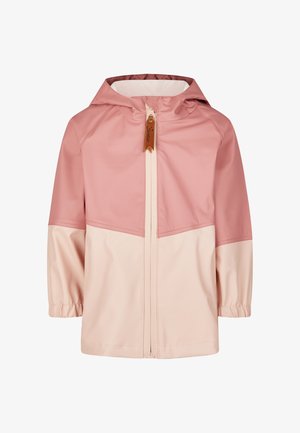 Zweifarbige pinkfarbene wasserdichte Kinderjacke mit Kapuze, durchgehendem Reißverschluss, elastischen Bündchen und Lederreißverschlussanhänger.