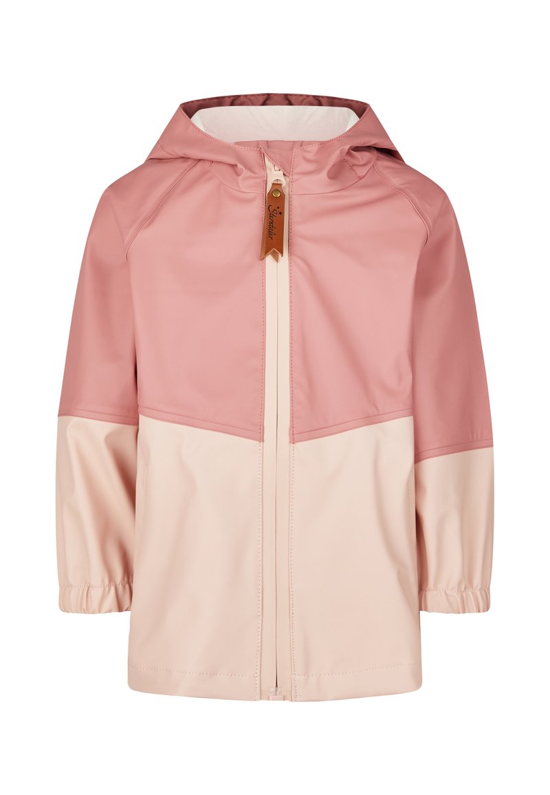 Zweifarbige pinkfarbene wasserdichte Kinderjacke mit Kapuze, durchgehendem Reißverschluss, elastischen Bündchen und Lederreißverschlussanhänger.