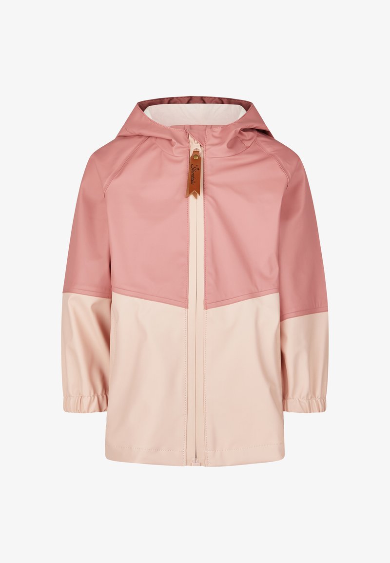 Zweifarbige pinkfarbene wasserdichte Kinderjacke mit Kapuze, durchgehendem Reißverschluss, elastischen Bündchen und Lederreißverschlussanhänger.