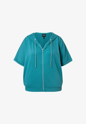 Kortærmet hættetrøje med lynlås i blågrøn farve med hvide og blågrønne stribede snore og en løs pasform, vist på hvid baggrund.