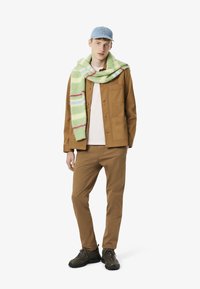 Veste marron et pantalon, chemise rose clair, écharpe rayée verte, casquette bleue, chaussures noires. La veste a des poches sur le devant ; l'écharpe a des rayures horizontales.