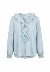 Lichtblauwe denim blouse met gerimpelde kraag, knopen aan de voorkant en gathered manchetten. Zachte stof, relaxte pasvorm en een gladde textuur.