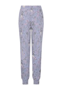 Lichtpaarse pyjamabroek met een bloemenpatroon in roze, wit en groen. Elastische tailleband en taps toelopende boorden bij de enkels.