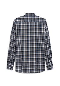 Camicia a maniche lunghe a quadri nei colori blu navy, bianco e azzurro chiaro, con colletto classico e polsini con bottoni, dal morbido tessuto di cotone.