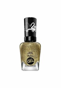 Guldglitter nagellack i en klar glasflaska, med ett svart lock med design av en vit svan och etiketten "miracle GEL". 14,7 mL.
