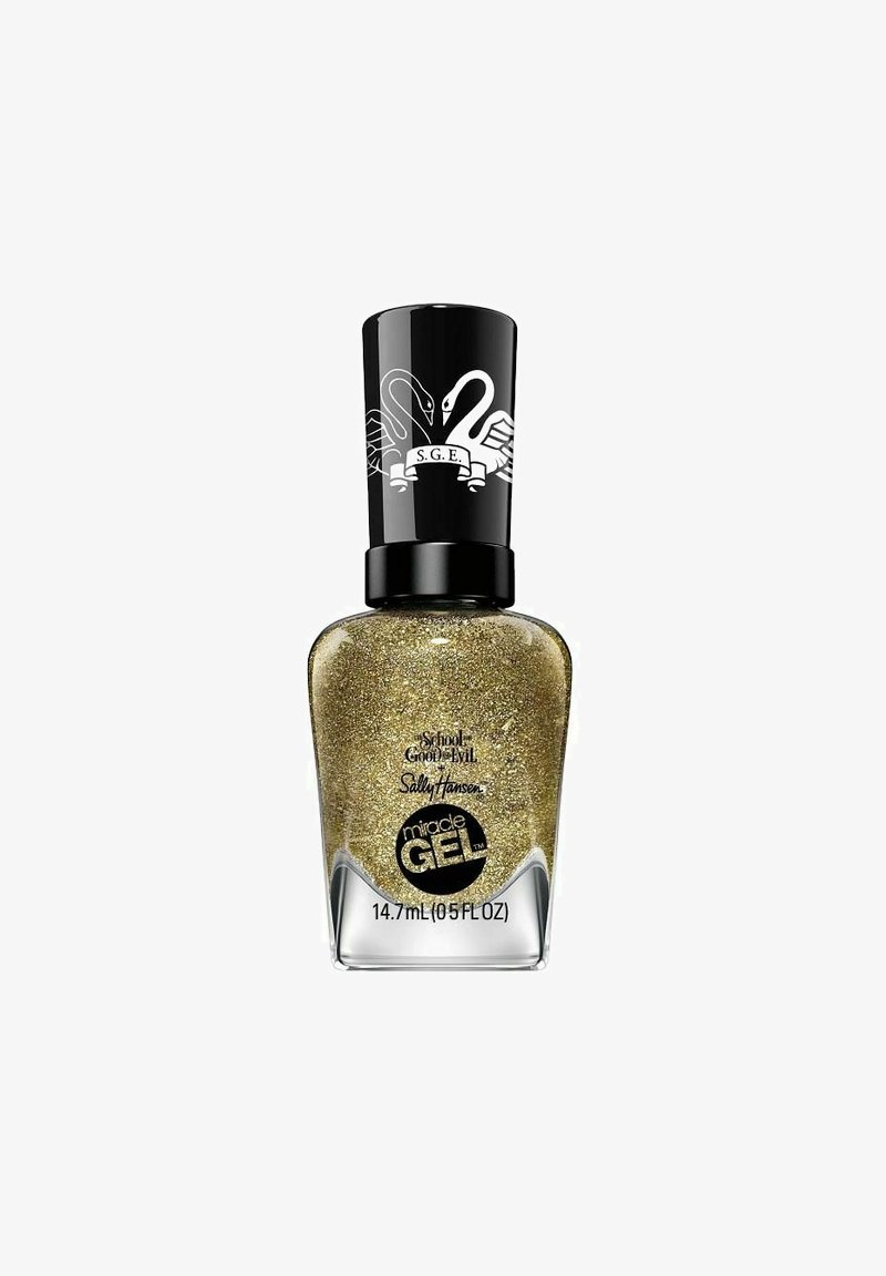 Kultan hohtava kynsilakka läpinäkyvässä lasipullossa, jossa on musta korkki, jossa on valkoinen joutsenikuva ja "miracle GEL" -etiketti. 14,7 ml.