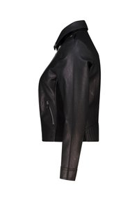 Veste en cuir noir avec un col structuré, poches zippées sur les côtés et accents côtelés à la taille et aux poignets. Silhouette ajustée et élégante.