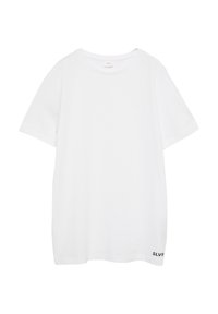 Witte korte mouwen t-shirt van katoen, met een ronde hals en een klein zwart "SLVR" logo aan de onderrand. Vlotte textuur.