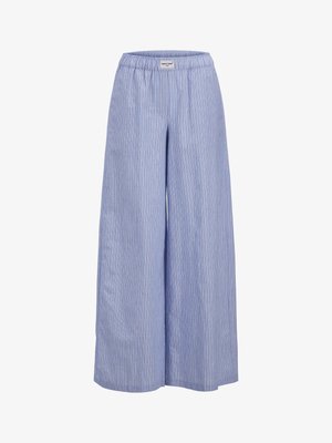 Pantalons larges bleu clair avec un motif à rayures verticales, fabriqués en tissu rigide, dotés d'une taille élastique pour plus de confort.