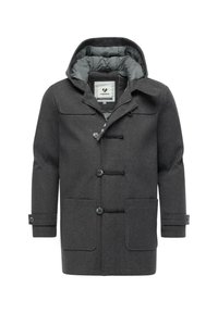 Mørkegrå hættefrakke med polstret indvendig foring, tre toggle-knapper, to store lommer foran og knapmanchetter.