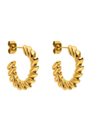 Goldene, gedrehte Creolen mit Stecker-Verschluss, mit einem strukturierten Spiralmuster, das eine Halbkreisform bildet.